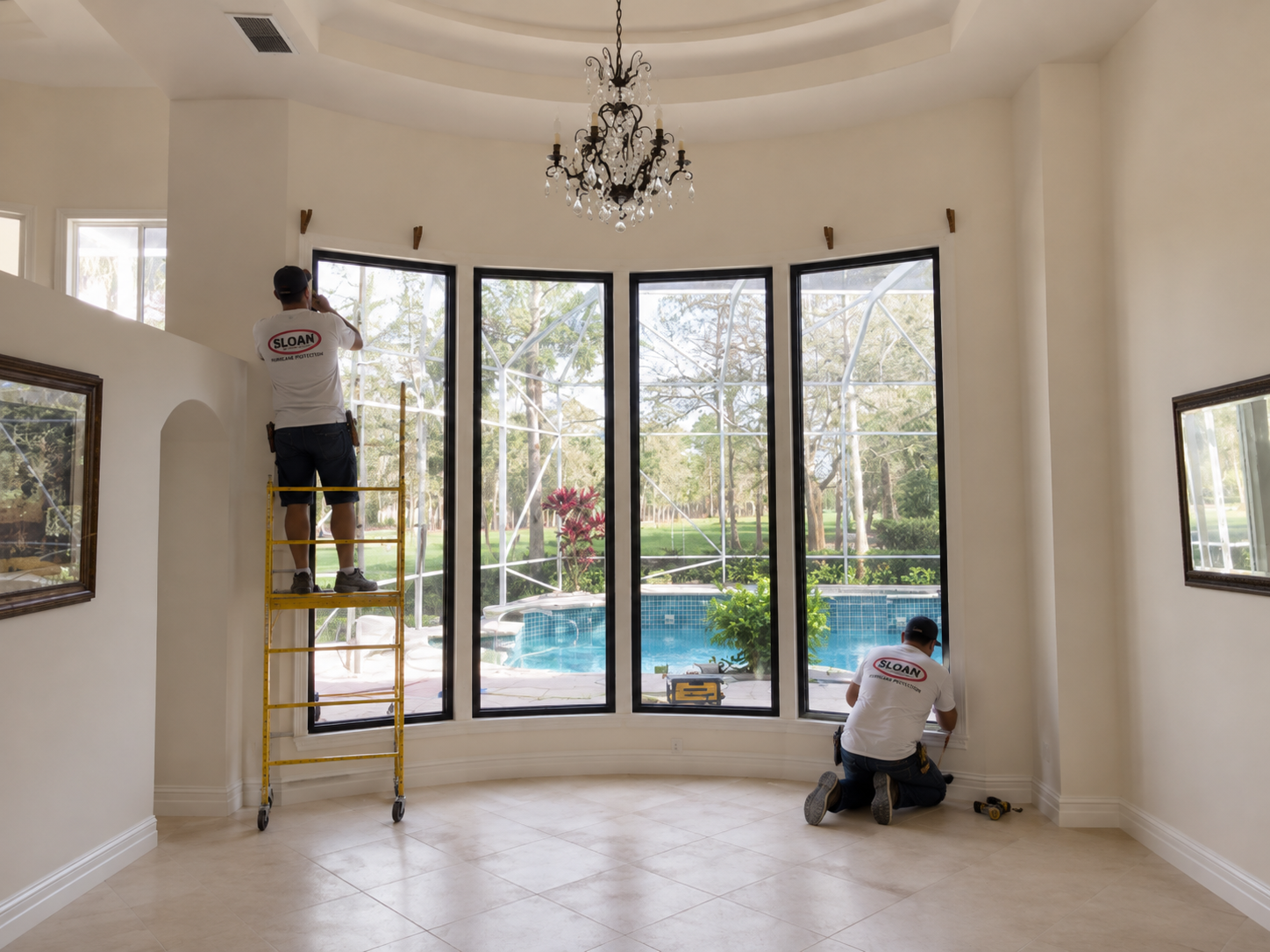 Sloan installers working on a curved bank of impact windows